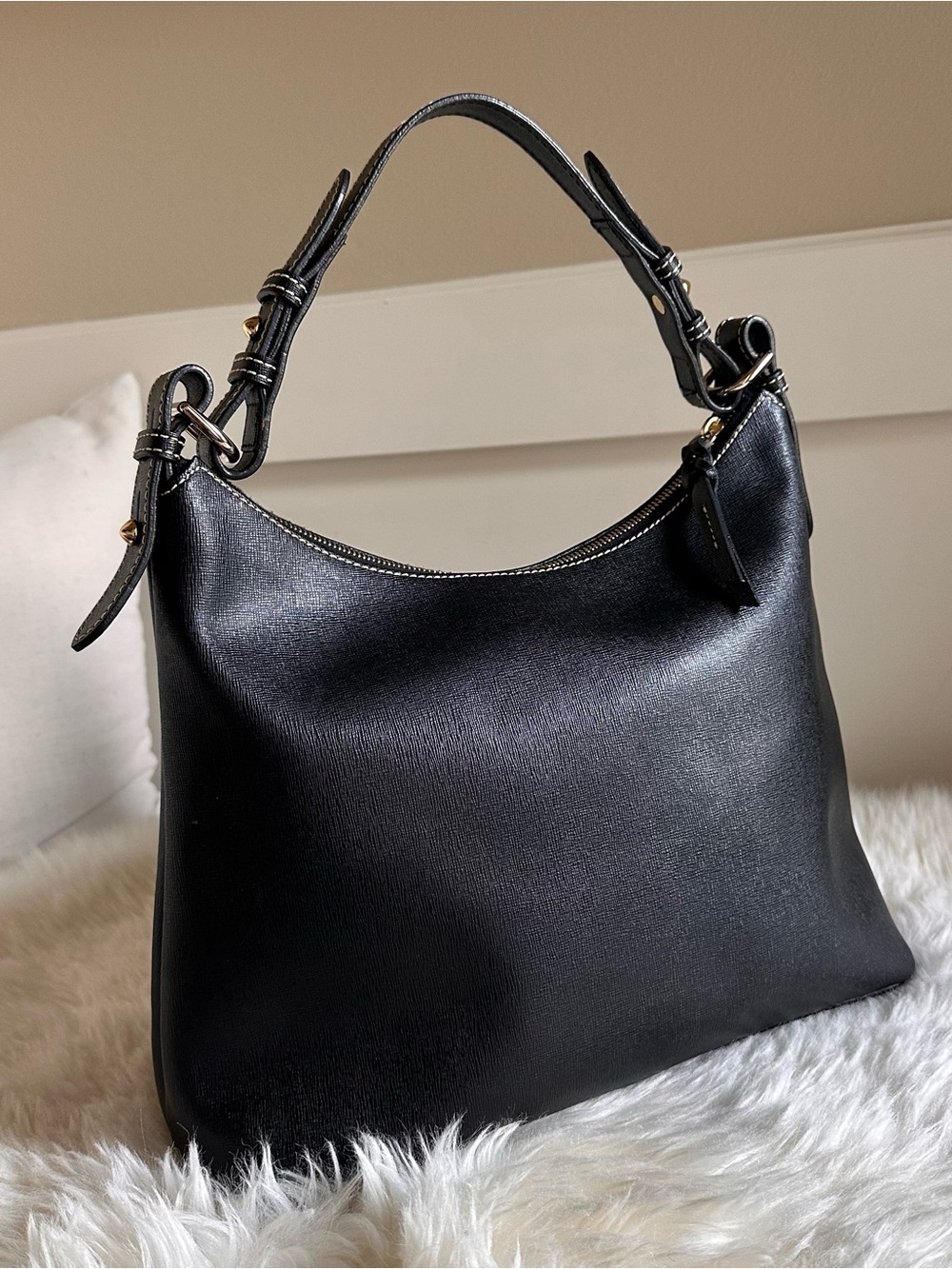 Dooney & Bourke Black Saffiano Leather Shoulder Hobo with Gold Accent - Picture 2 of 13